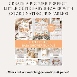 K&ouml;nnte beinhalten: Ein Set mit druckbaren Babyparty-Artikeln in Orange und Gr&uuml;n. Das Set beinhaltet ein Willkommens-Schild, eine Windel-Tombola-Karte, ein individuelles Schild, eine Dankeskarte, ein Etikett f&uuml;r Wasserflaschen und einen Babyparty-Planer. Der Text auf dem Willkommens-Schild lautet "Willkommen zur Babyparty von Amelia".