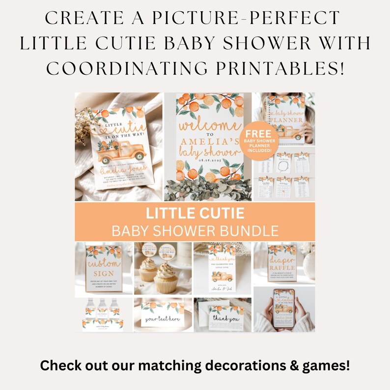 K&ouml;nnte beinhalten: Ein Set mit druckbaren Babyparty-Artikeln in Orange und Gr&uuml;n. Das Set beinhaltet ein Willkommens-Schild, eine Windel-Tombola-Karte, ein individuelles Schild, eine Dankeskarte, ein Etikett f&uuml;r Wasserflaschen und einen Babyparty-Planer. Der Text auf dem Willkommens-Schild lautet "Willkommen zur Babyparty von Amelia".