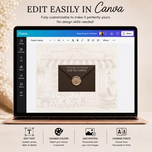 May include: A laptop screen displaying a Canva interface with a digital baby shower invitation template. The template features a brown envelope with a wax seal and the text YOU'RE INVITED TAP TO OPEN, set against a light cafe background.