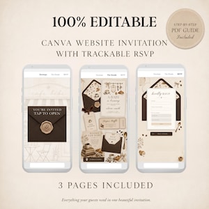 May include: Three smartphone screens displaying a 100% editable Canva website invitation with trackable RSVP. The digital design features a coffee-themed aesthetic with brown envelopes, wax seals, and text including You're Invited Tap To Open.