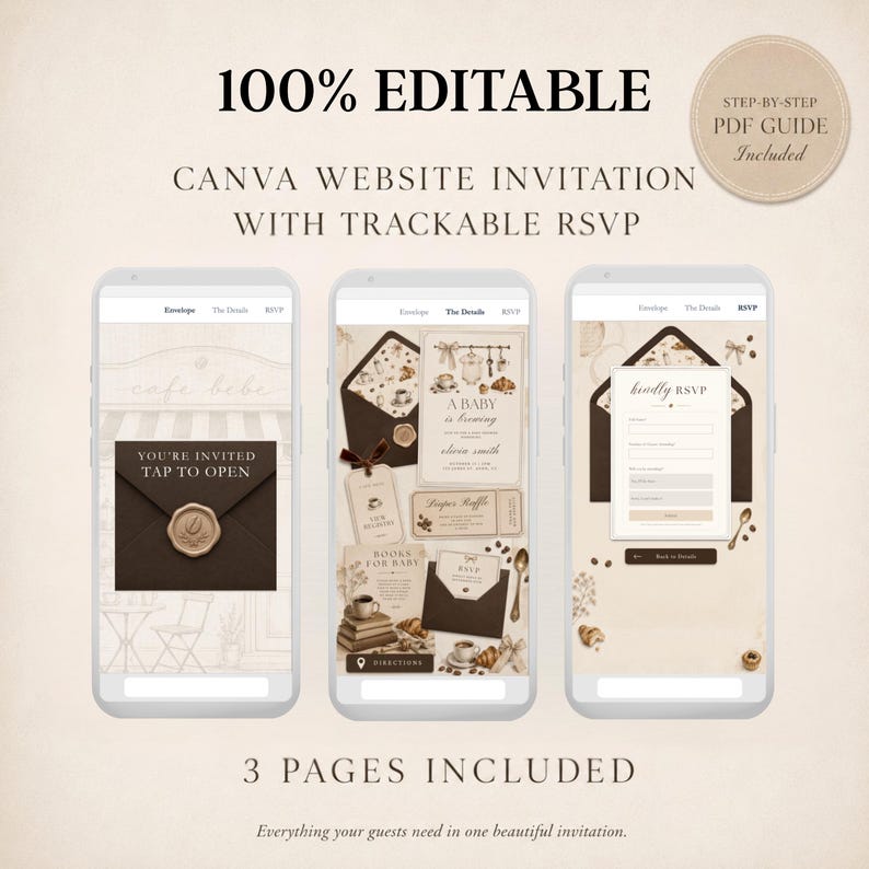 May include: Three smartphone screens displaying a 100% editable Canva website invitation with trackable RSVP. The digital design features a coffee-themed aesthetic with brown envelopes, wax seals, and text including You're Invited Tap To Open.