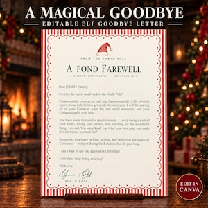 Puede incluir: Una carta imprimible titulada A FOND FAREWELL, A MESSAGE FROM YOUR ELF, DECEMBER 2026. El documento presenta un borde a rayas rojas y blancas, una pequeña ilustración de un gorro de Papá Noel y texto dirigido a un niño por un elfo.