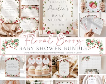 Berry Sweet Baby Shower Templates • Canva Editable Bundle • Summer Girl Shower Kit • Strawberry Printable Decor Set