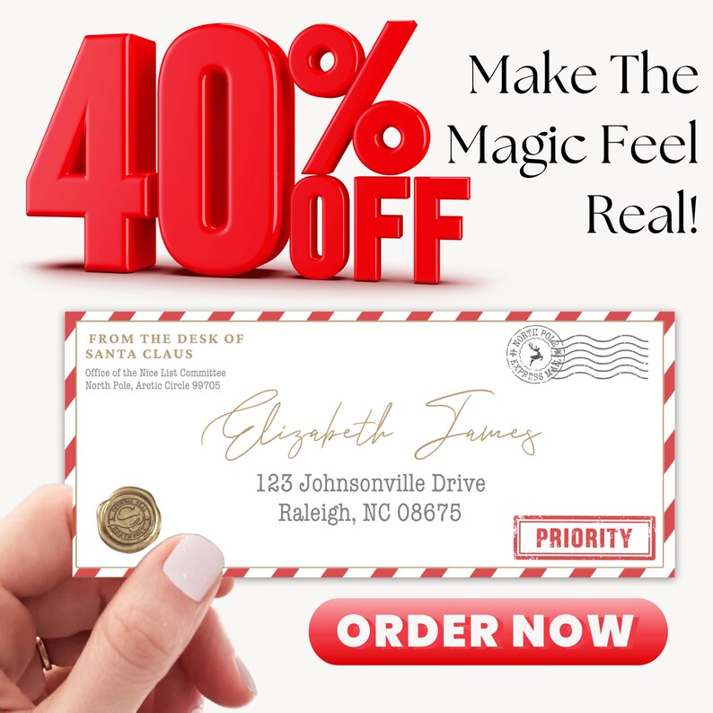Authentic-looking Santa envelope download with vintage style and holiday charm, perfect for moms of young children