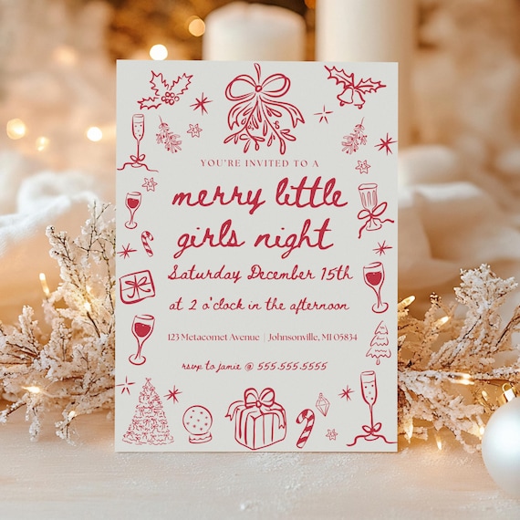Christmas Girls Night In Invite Hand Drawn Christmas Invitation Christmas Bow Party Invite Editable Christmas Coquette Invitation