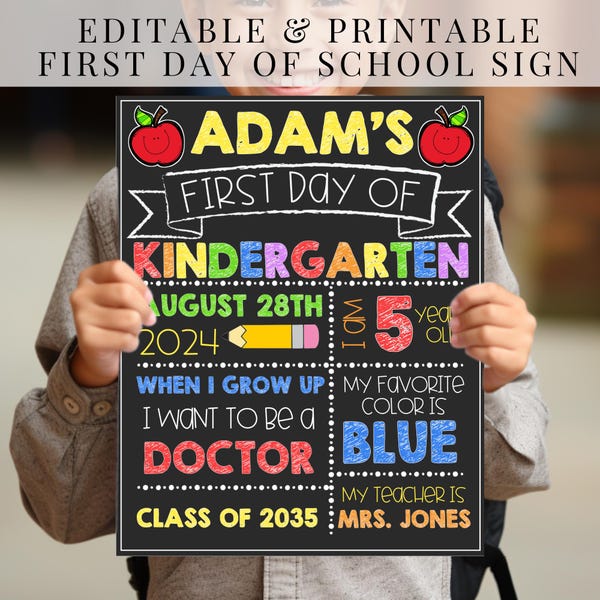 Editable Colorful First Day of School Chalkboard Sign, Reusable First Day of School Sign, Back to School Interview, DIY School Picture Prop