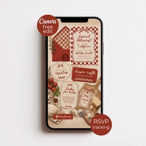 May include: A smartphone screen displaying a digital baby shower invitation set with a red and white checkered theme. The design includes text such as Special Delivery, Ashley Smith, diaper raffle, books for baby, registry, and RSVP, alongside illustrations of food and envelopes.