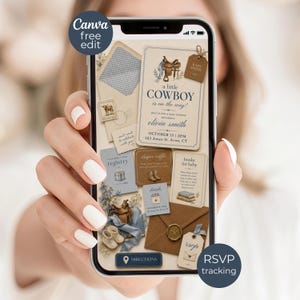 Puede incluir: Una invitación digital para baby shower en la pantalla de un teléfono con temática western, un sillín, botas de vaquero y sobres. El texto dice a little COWBOY is on the way, olivia smith, OCTOBER 15, 2PM, 123 Jones St. Avon, CT, y otros detalles.