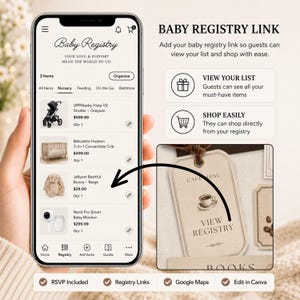 May include: A smartphone screen displaying a Baby Registry interface with a list of items including a stroller, crib, bunny, and monitor. An arrow points to a tag labeled VIEW REGISTRY. Text includes BABY REGISTRY LINK, VIEW YOUR LIST, and SHOP EASILY.
