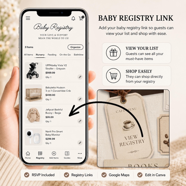 May include: A smartphone screen displaying a Baby Registry interface with a list of items including a stroller, crib, bunny, and monitor. An arrow points to a tag labeled VIEW REGISTRY. Text includes BABY REGISTRY LINK, VIEW YOUR LIST, and SHOP EASILY.
