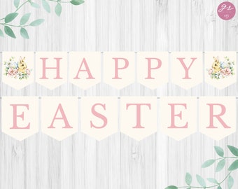 Printable Easter Banner, Happy Easter Banner, Instant Download, Pink Easter Banner, Bunny Banner, Printable Banner, Easter Decorations