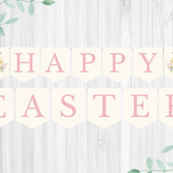 Printable Easter Banner, Happy Easter Banner, Instant Download, Pink Easter Banner, Bunny Banner, Printable Banner, Easter Decorations
