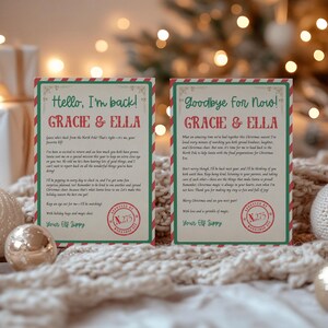 May include: Two holiday cards with red and green borders and text. The left card says "Hello, I'm back!" and the right card says "Goodbye for now!". Both cards are addressed to "Gracie & Ella" and signed "Your Elf Zippy".