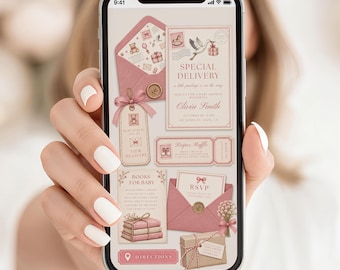 Puede incluir: Una pantalla de smartphone que muestra un conjunto de invitaciones digitales para baby shower en tonos rosa empolvado y crema. El diseño incluye una cigüeña, sobres con sellos de cera, una etiqueta de regalo y un pequeño paquete.