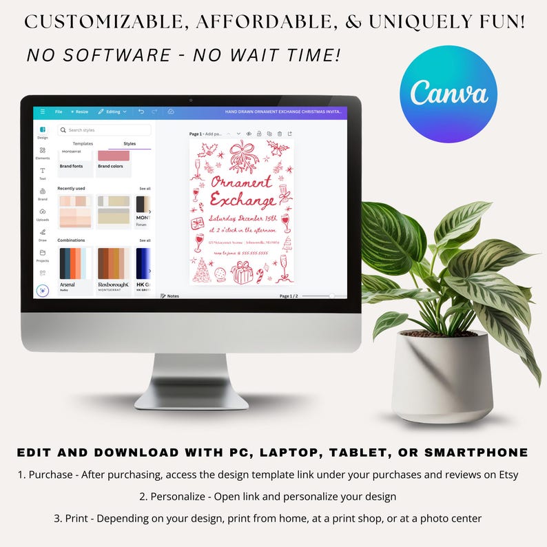 May include: A computer screen displaying a Canva design template for an ornament exchange party invitation. The design features a red hand-drawn illustration of a mistletoe with ornaments and the text "Ornament Exchange" and "Saturday December 15th".