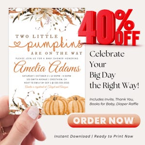 Twin baby shower card in warm colors, ideal for moms of twins planning a seasonal party.