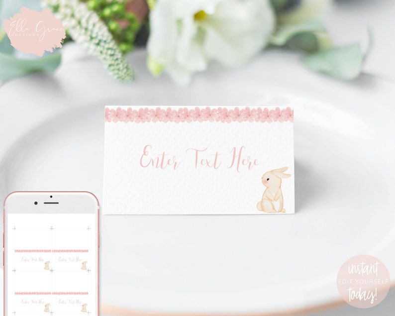 Editable Flopsy Bunny Food Labels Rabbit Place Card Tent Card Escort Card Bunny Baby Shower Spring Decor Girl Printable