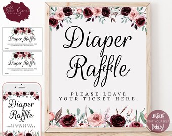 Editable Baby Shower Diaper Raffle Sign and Raffle Tickets, Printable Diaper Raffle Sign and Tickets, Boho, Pink Burgundy Floral, Download