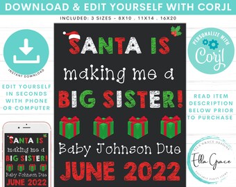 Christmas Pregnancy Announcement Sign for Big Sister, Christmas Pregnancy Announcement, Printable Christmas Announcement, Santa Pregnancy