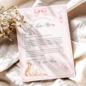 May include: A pastel pink letter from the Easter Bunny, featuring a bunny and egg illustration. The text reads "From the Desk of The Easter Bunny" and includes a personalized message, perfect for Easter.