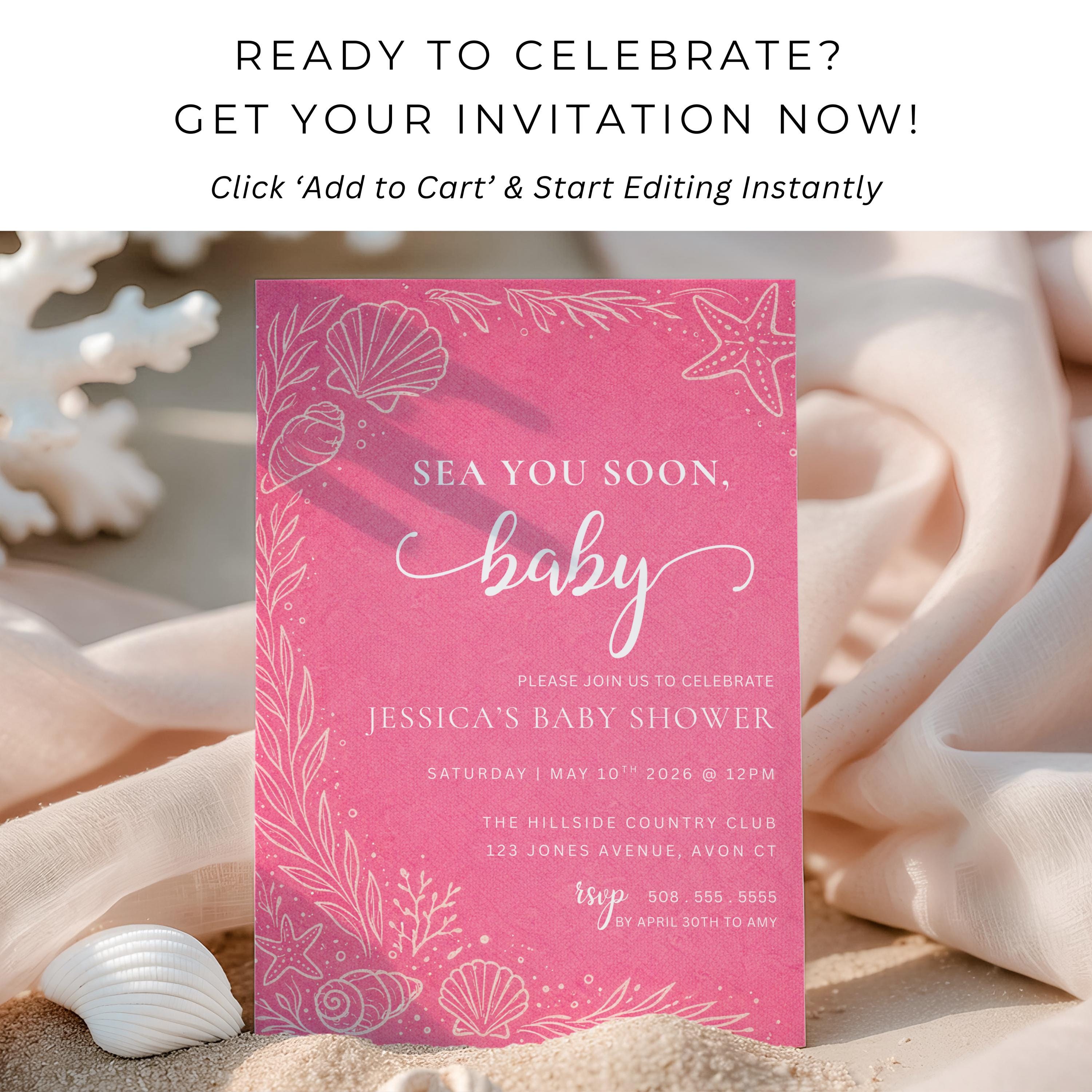 Editable Sea You Soon Baby Shower Invitation Girl Pink Beach Baby ...