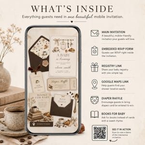 May include: A mobile phone screen displaying a digital baby shower invitation template with a coffee theme. The design features text reading A BABY is brewing, Olivia Smith, Diaper Raffle, Books for Baby, and RSVP, alongside icons for maps and registry.