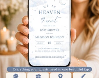 Heaven Sent babyshower webbinbjudan, digital babyshowerinbjudningswebbplats, online babyshowerinbjudan, könsneutral babyshower