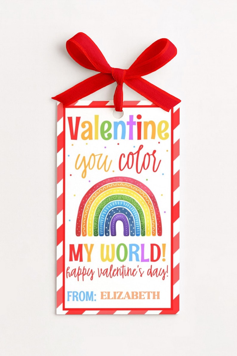 DIY Valentine tag for children’s gifts, featuring cheerful rainbow design and instant access