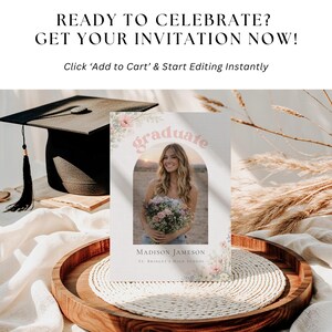 Digital download floral graduation invite with blush flowers