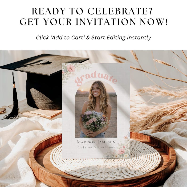 Digital download floral graduation invite with blush flowers