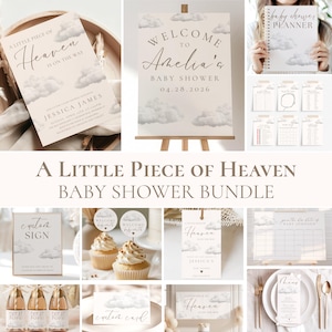 May include: A baby shower bundle featuring stationery and decorations with a cloud motif. Includes invitations, a welcome sign, a planner, cupcake toppers, tags, a calendar, and more. The text "A Little Piece of Heaven" is displayed.