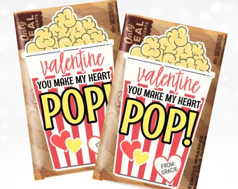 Valentine Popcorn Stickers, Valentine's Day Stickers, Boy Girl Kids Classroom Labels, Poppin' Valentines Labels, Popcorn Bag Sticker