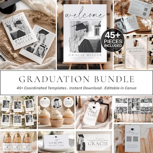 Könnte beinhalten: Ein Abschluss-Bundle mit koordinierten Vorlagen. Enthält ein Willkommensschild, Dankeschön-Etiketten, Tischkarten und Cupcake-Topper. Das Bundle zeigt den Namen "Gracie Miller" und "Klasse 2026". Das Farbschema ist Schwarz und Weiß.