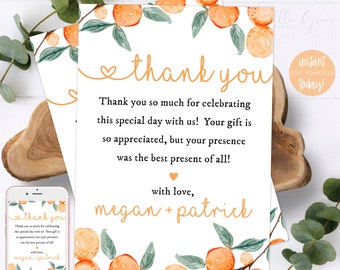 Editable Little Cutie Baby Shower Thank You Card, Little Cutie On The Way, Editable Greenery Orange Thank You Flat Card,Baby Shower Sprinkle