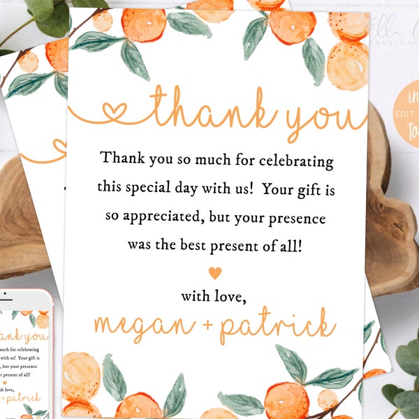 Editable Little Cutie Baby Shower Thank You Card, Little Cutie On The Way, Editable Greenery Orange Thank You Flat Card,Baby Shower Sprinkle