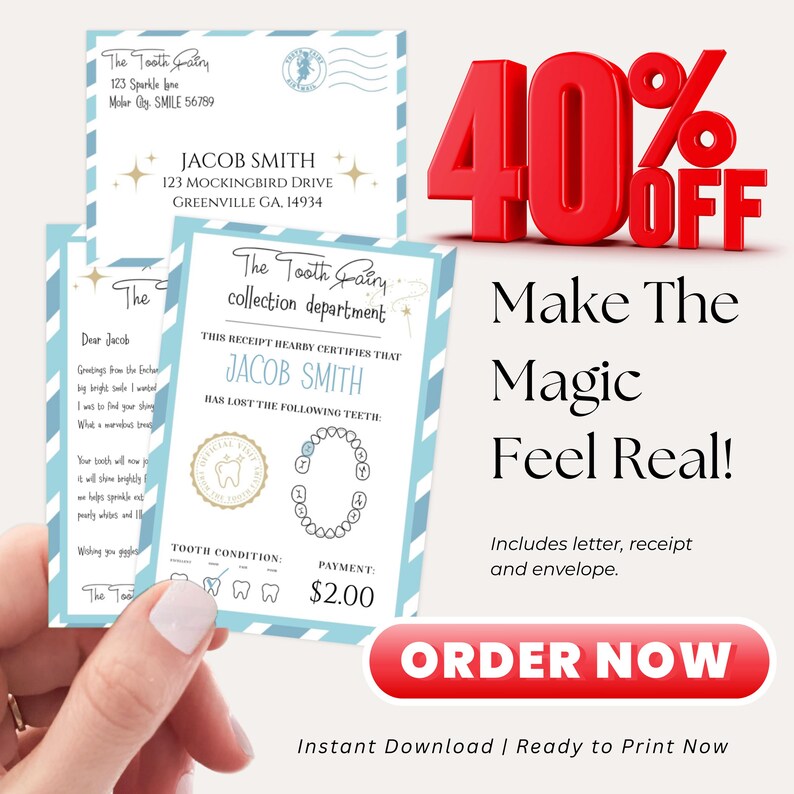 Tooth Fairy letter template with matching receipt, designed to make tooth loss exciting and memorable for young kids.