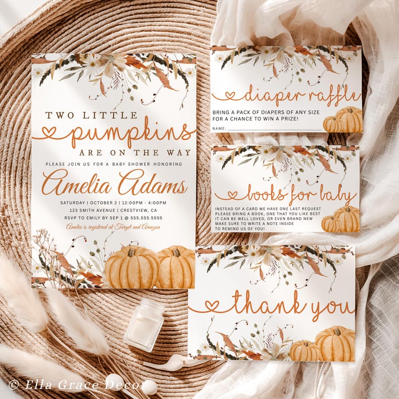 Twin pumpkin baby shower invitation with fall colors, perfect for moms expecting twins and hosting an autumn-themed celebration.