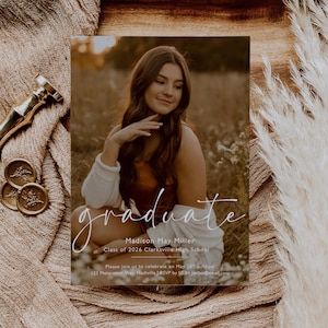 May include: A graduation announcement with a photo of a person in a field. The word "graduate" is written in cursive. The announcement includes the graduate's name, class year, school, and event details.