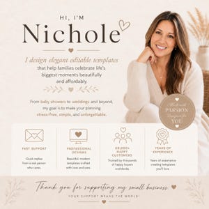 May include: A promotional graphic featuring the text HI, I'M NICHOLE, I design elegant editable templates that help families celebrate life's biggest moments. Includes icons for fast support, professional designs, 68,000+ happy customers, and years of experience.