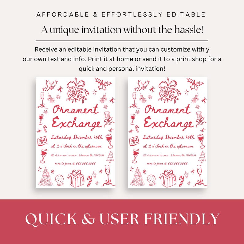 May include: A printable Christmas ornament exchange invitation with a red and white color scheme. The invitation features a hand-drawn design with ornaments, holly, and other festive elements. The text reads "Ornament Exchange" and includes the date and time of the event.