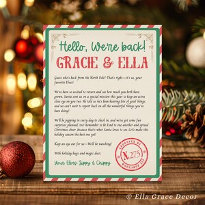 May include: A Christmas-themed letter with a red and green border, addressed to Gracie & Ella. The letter includes text from the elves Zippy & Chippy, with a stamp that says "Approved by Workshop Elf". A red ornament is in the foreground.