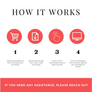 May include: An instructional graphic titled HOW IT WORKS with four steps. Step 1: shopping cart icon. Step 2: download icon. Step 3: clicking hand icon. Step 4: computer monitor icon. Text below each icon explains the process, and a red bar at the bottom says IF YOU NEED ANY ASSISTANCE, PLEASE REACH OUT.