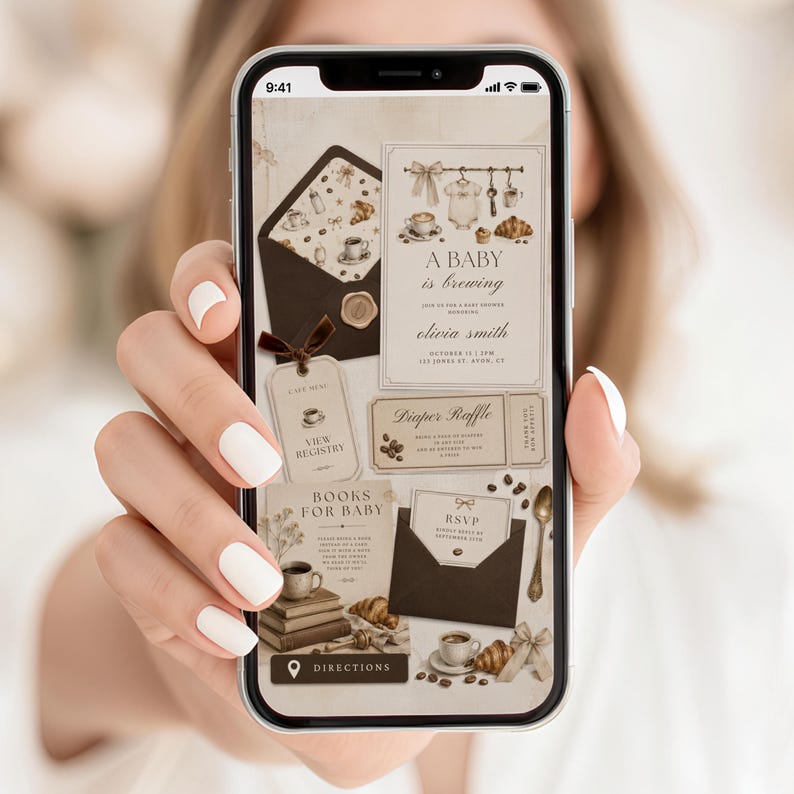 May include: A smartphone screen displaying a digital baby shower invitation set with a coffee theme. The design features brown envelopes, coffee cups, croissants, and text including A BABY is brewing, olivia smith, Diaper Raffle, and RSVP.