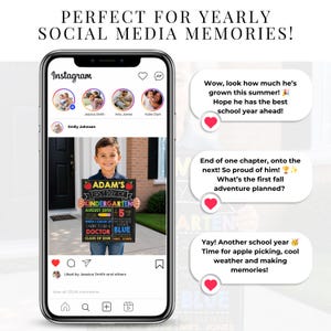 May include: A smartphone screen displaying an Instagram post of a young child holding a chalkboard sign that reads Adam's First Day of Kindergarten, August 28th 2026, 5 years old, I want to be a doctor, my favorite color blue, class of 2035, Mrs. Jones.