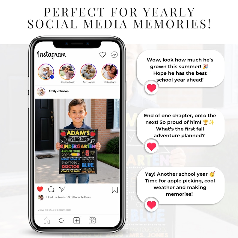 May include: A smartphone screen displaying an Instagram post of a young child holding a chalkboard sign that reads Adam's First Day of Kindergarten, August 28th 2026, 5 years old, I want to be a doctor, my favorite color blue, class of 2035, Mrs. Jones.