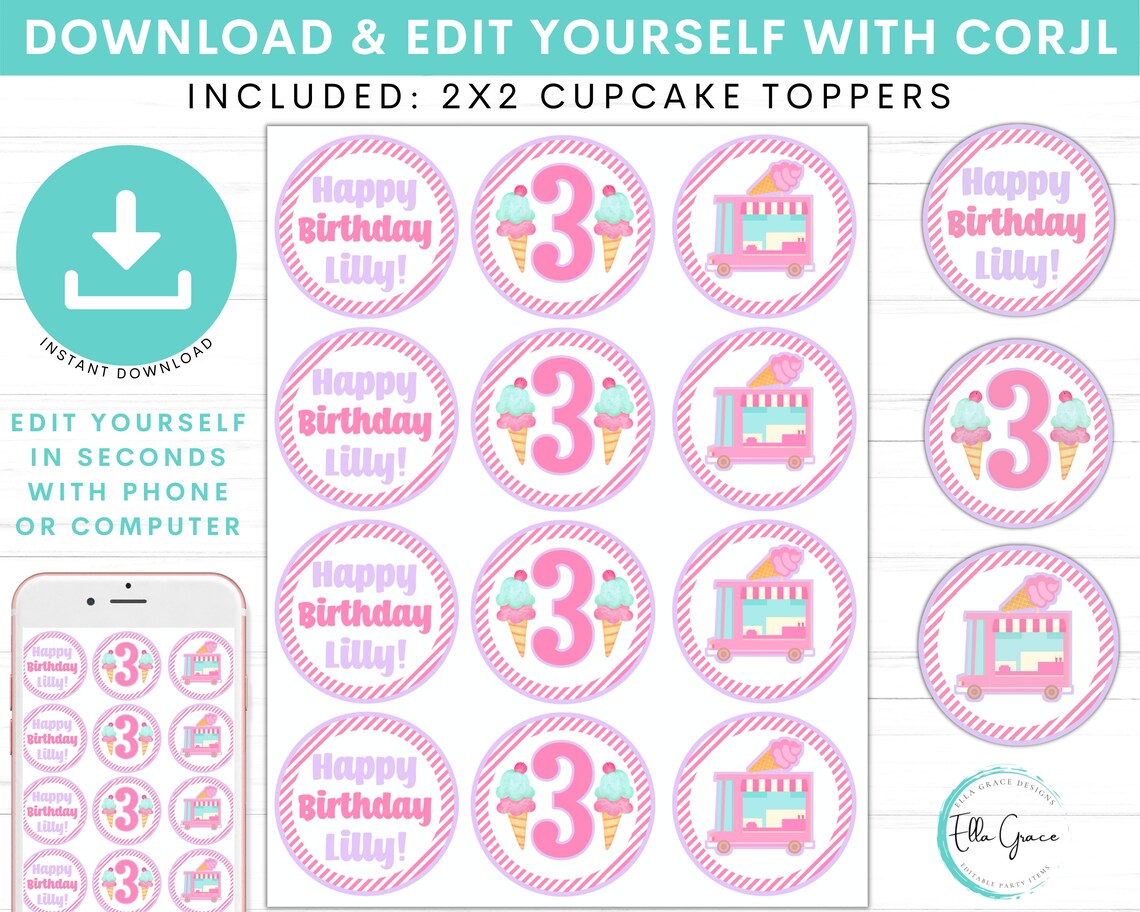 Editable Ice Cream Birthday Cupcake Toppers Ice Cream - Etsy