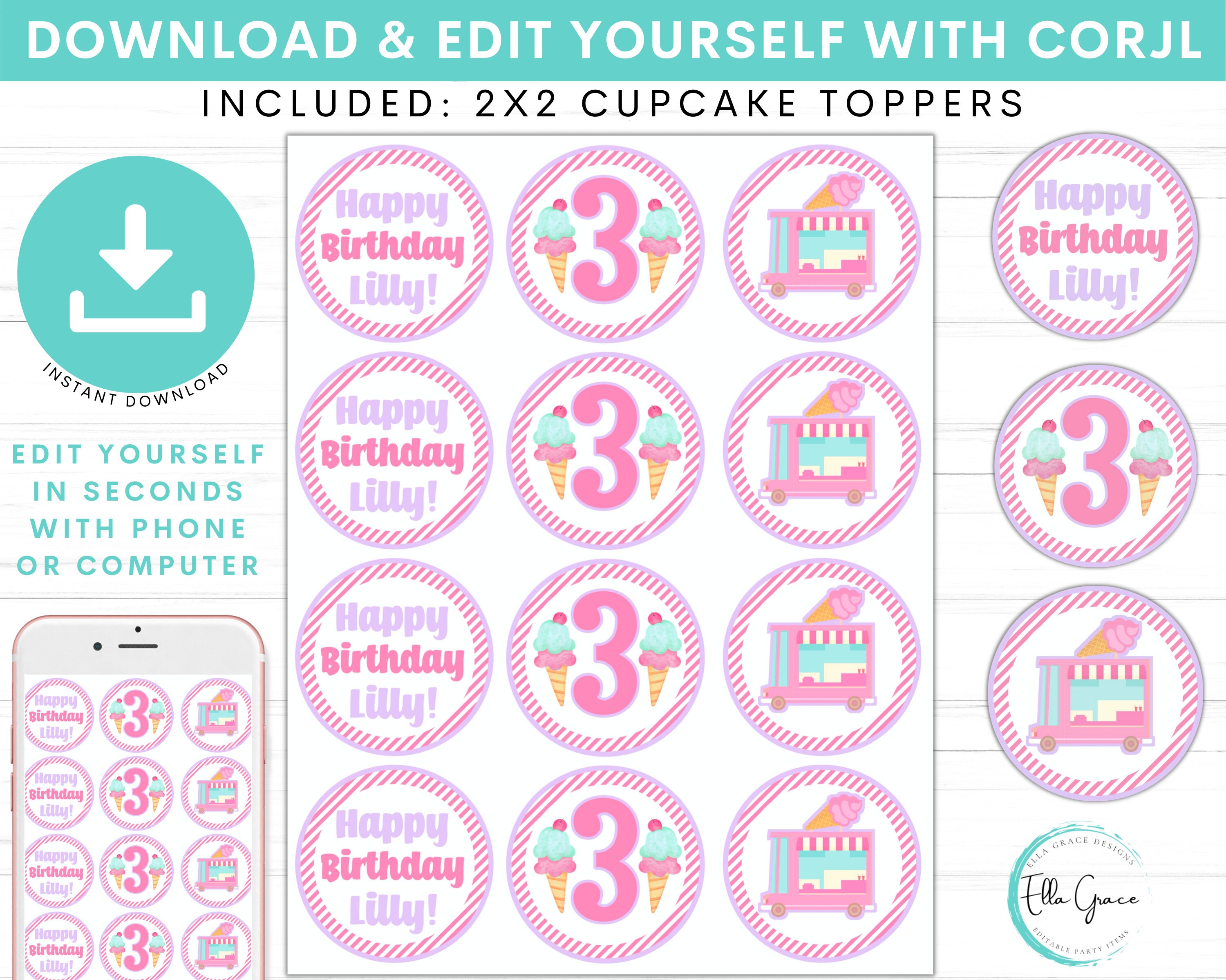 Editable Ice Cream Birthday Cupcake Toppers Ice Cream - Etsy