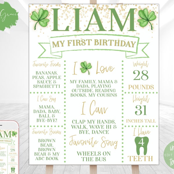 Editable St Patricks Day Milestones Sign, Lucky One Birthday Sign, Shamrock, 1st Birthday, Gold Green Clover White Template Printable