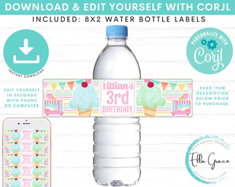 Editable Rainbow Ice Cream Birthday Party Water Labels, Ice Cream Party Water Bottle Label, Sweet One Party Bottle Wraps Instant Download