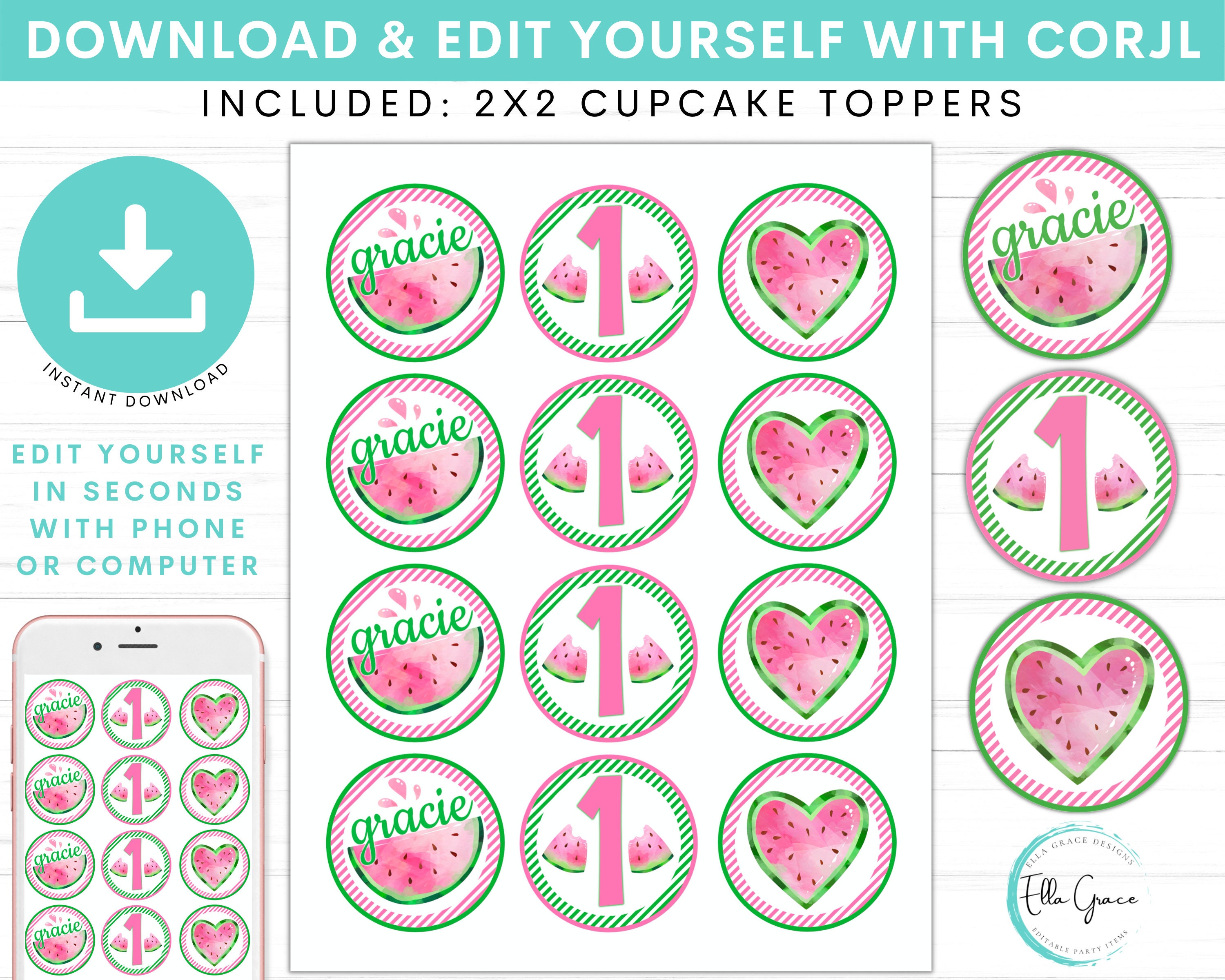 Editable Watermelon Cupcake Toppers One in A Melon Circle - Etsy